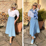 Zwei Outfitvarianten mit dem Rockschnitt Denise: Links kombiniert mit dem Blusenshirt Celine und Pumps für einen eleganten Look, rechts lässig mit Celine-Bluse, Paula-Pullover über den Schultern und Sneakern – alle Schnittmuster von Sew4me.