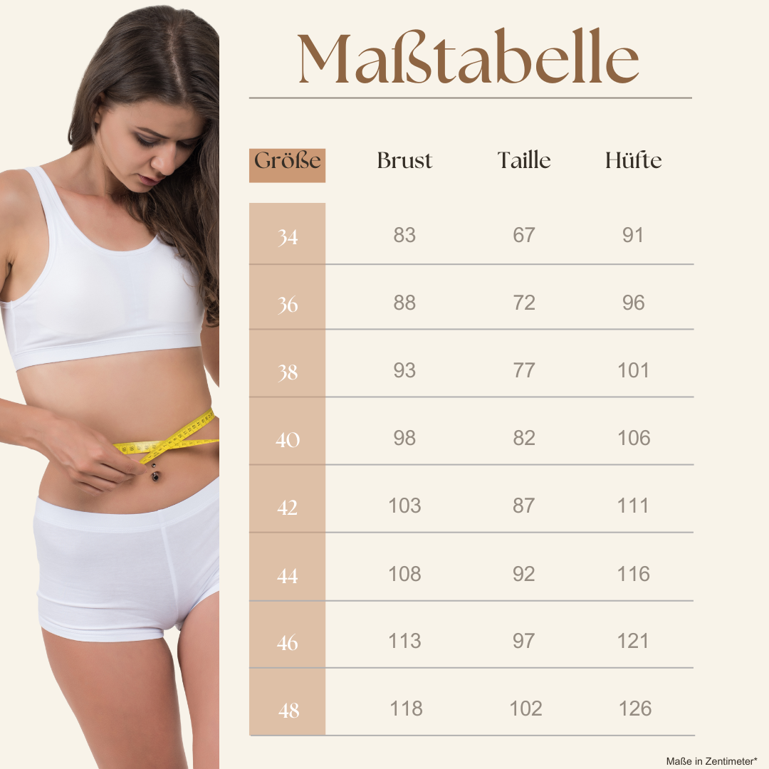 Maßtabelle für die Größenwahl des Schnittmusters