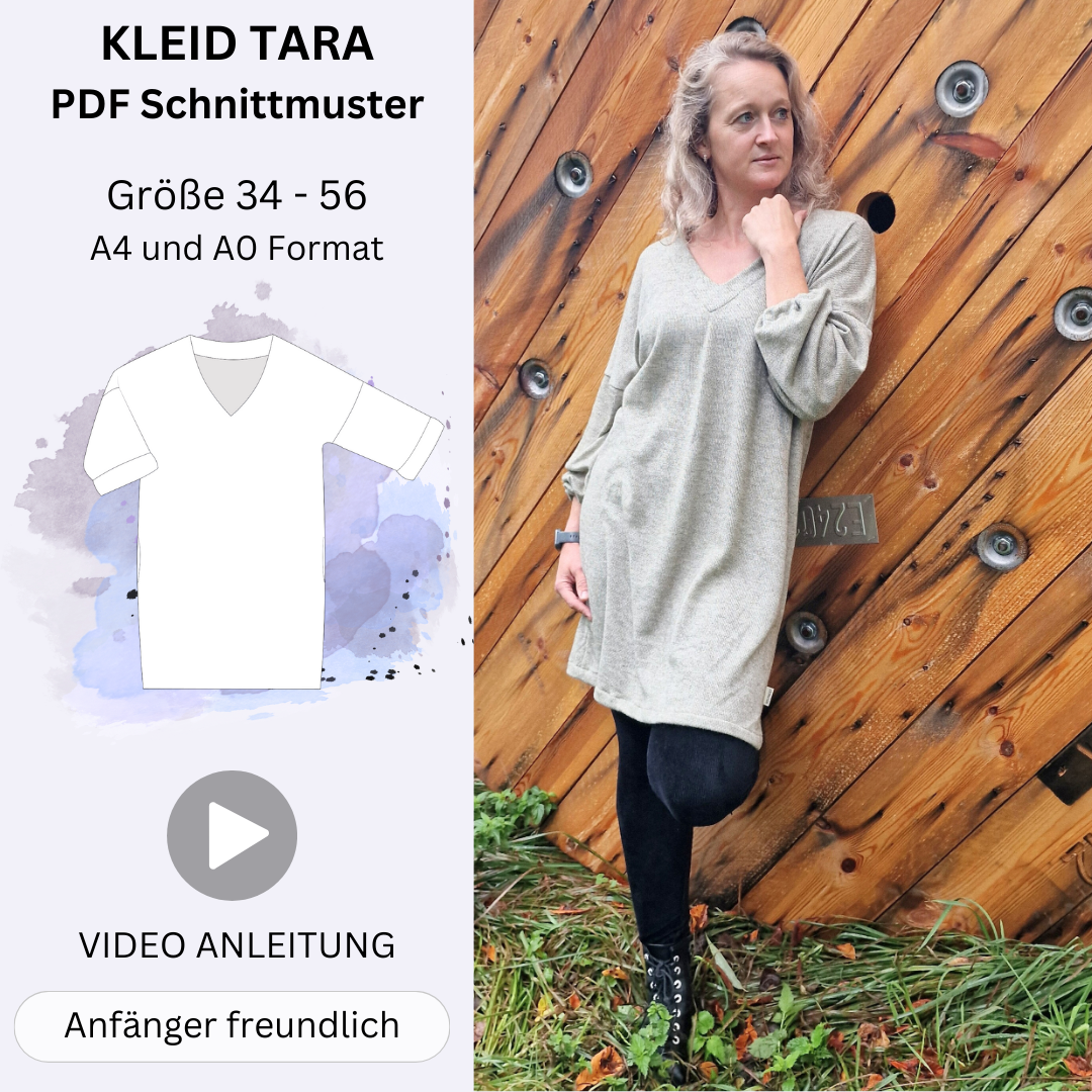Schnittmuster Kleid TARA - mit V-Ausschnitt und 3/4 Ärmeln | Gr. 34–56 (PDF)