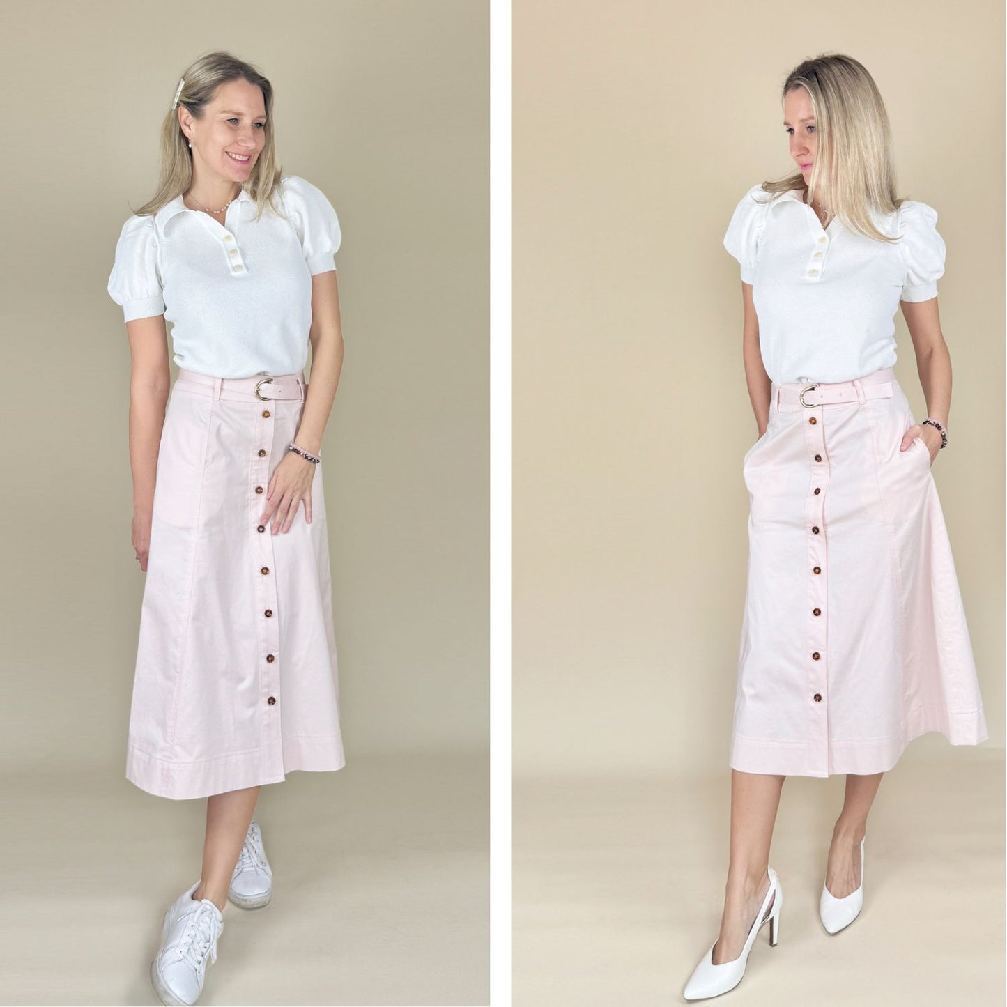 Rockschnitt Denise in Rosé – zweimal gestylt mit weißer Bluse: sportlich mit Sneakern und elegant mit Pumps. Das Midirock-Schnittmuster von Sew4me mit Knopfleiste und Nahttaschen.