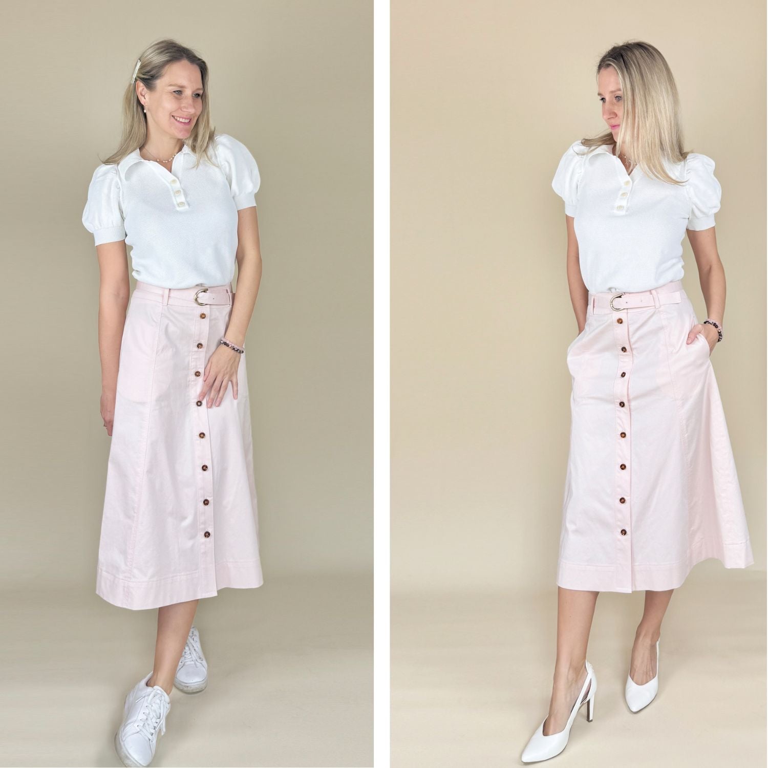 Rockschnitt Denise in Rosé – zweimal gestylt mit weißer Bluse: sportlich mit Sneakern und elegant mit Pumps. Das Midirock-Schnittmuster von Sew4me mit Knopfleiste und Nahttaschen.