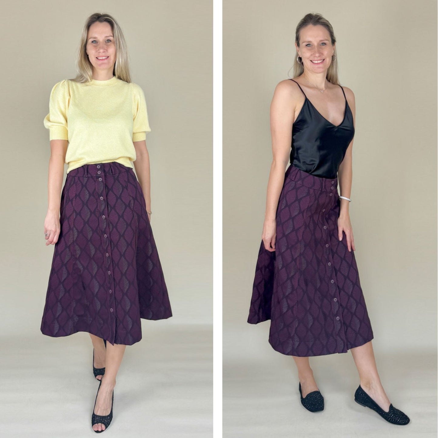 Rock Denise genäht nach dem Schnittmuster von Sew4me – elegant gestylt mit gelbem Kurzarmshirt und schwarzem Spaghettitop, jeweils mit Absatzschuhen und Flats.