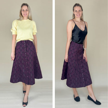 Rock Denise genäht nach dem Schnittmuster von Sew4me – elegant gestylt mit gelbem Kurzarmshirt und schwarzem Spaghettitop, jeweils mit Absatzschuhen und Flats.