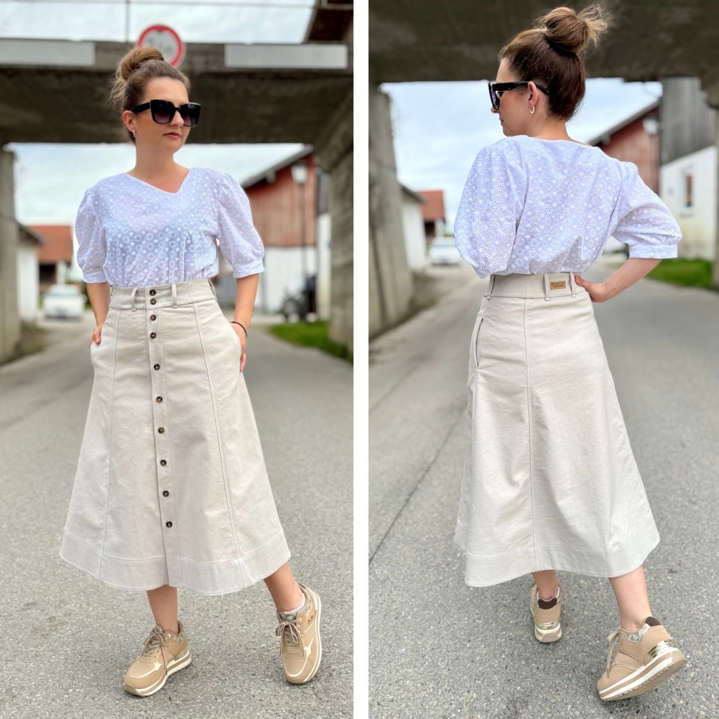 Rock Denise in Beige kombiniert mit dem Blusenshirt Celine – beide Schnittmuster von Sew4me. Sportlich gestylt mit Sneakern, Vorder- und Rückansicht auf einer Straße im Freien.
