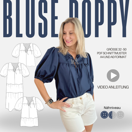 Schnittmuster Bluse POPPY - mit Puffärmeln und Variante Tunika und Kleid | Gr. 32-50 (PDF)