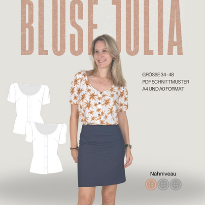 Schnittmuster Bluse JULIA – mit Knopfleiste und 2 Ärmelvarianten | Gr. 34–48 (PDF)