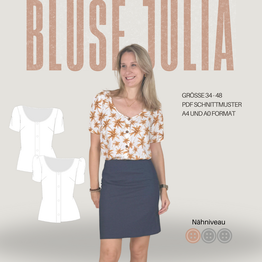 Schnittmuster Bluse JULIA – mit Knopfleiste und 2 Ärmelvarianten | Gr. 34–48 (PDF)