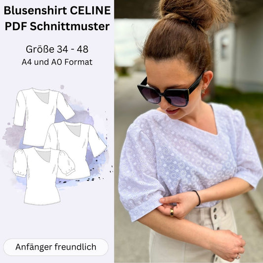 Frau trägt Blusenshirt CELINE mit asymmetrischem Ausschnitt
