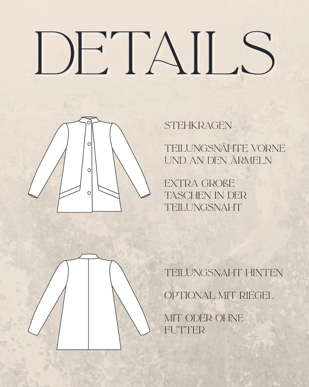 Schnittmuster Jacke ROSI – A-Linie, Stehkragen & Nahttaschen | Gr. 34–48 (PDF)