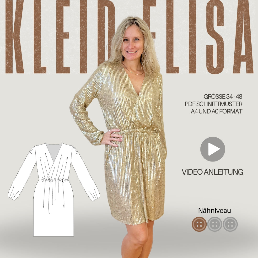 Schnittmuster Kleid ELISA - mit V-Ausschnitt, Wickeloptik und Ärmelvarianten | Gr. 34-48 (PDF)