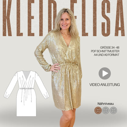 Schnittmuster Kleid ELISA - mit V-Ausschnitt, Wickeloptik und Ärmelvarianten | Gr. 34-48 (PDF)