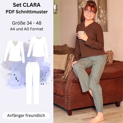 Schnittmuster Pyjama-Set CLARA - Schlafanzug Shirt und Hose | Gr. 34-48 (PDF)